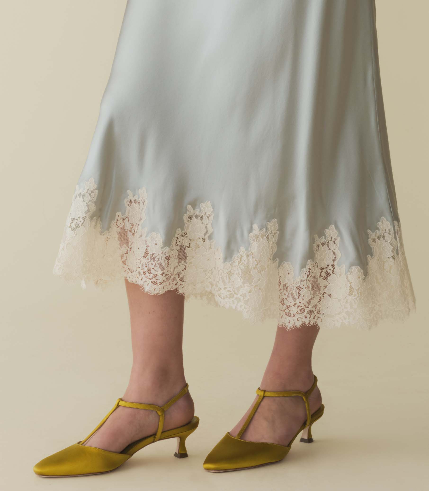 DÔEN Women Tabitha T-Strap Heel - Golden Palm Satin
