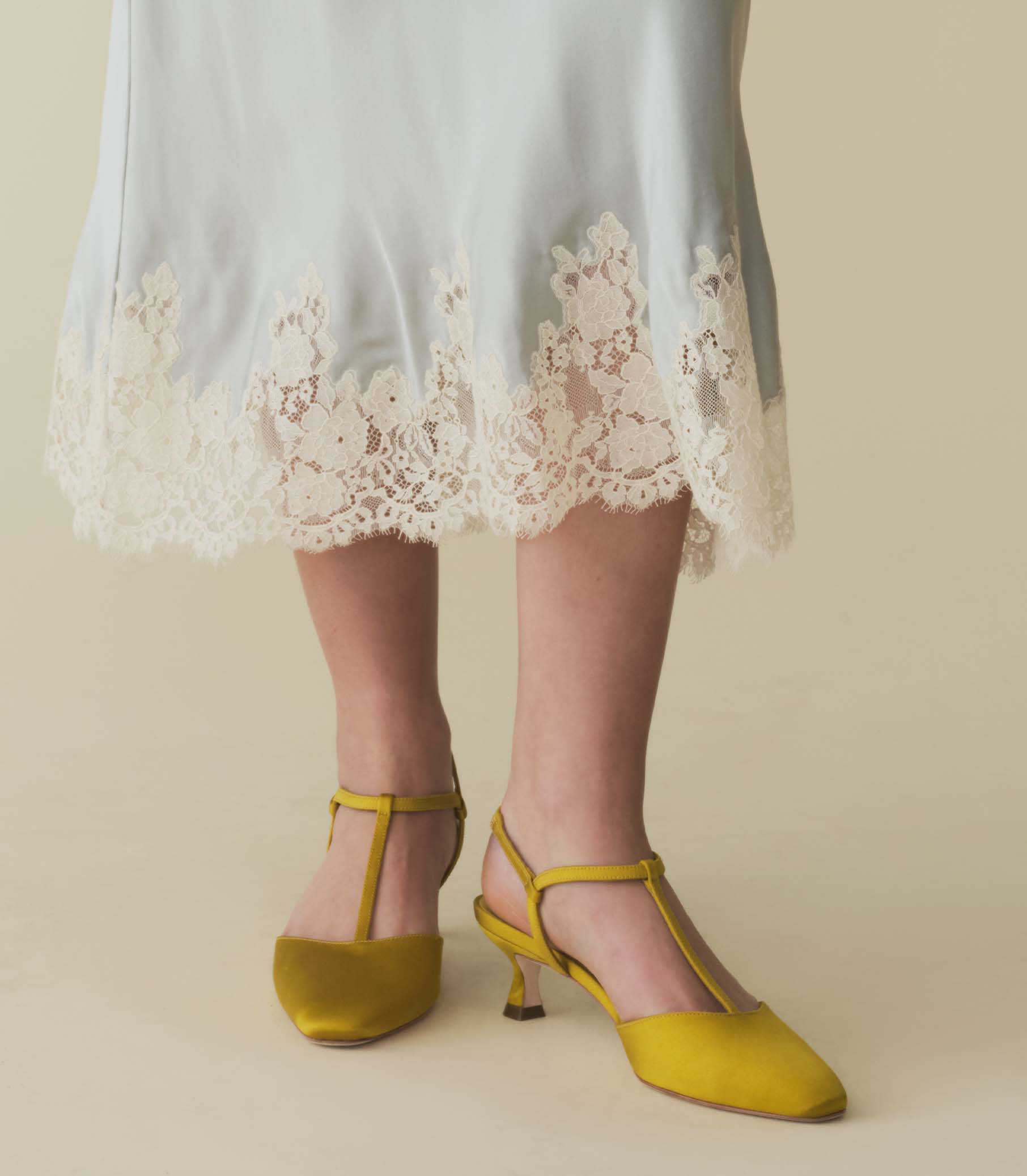 DÔEN Women Tabitha T-Strap Heel - Golden Palm Satin