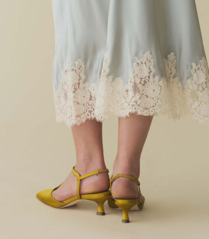 DÔEN Women Tabitha T-Strap Heel - Golden Palm Satin