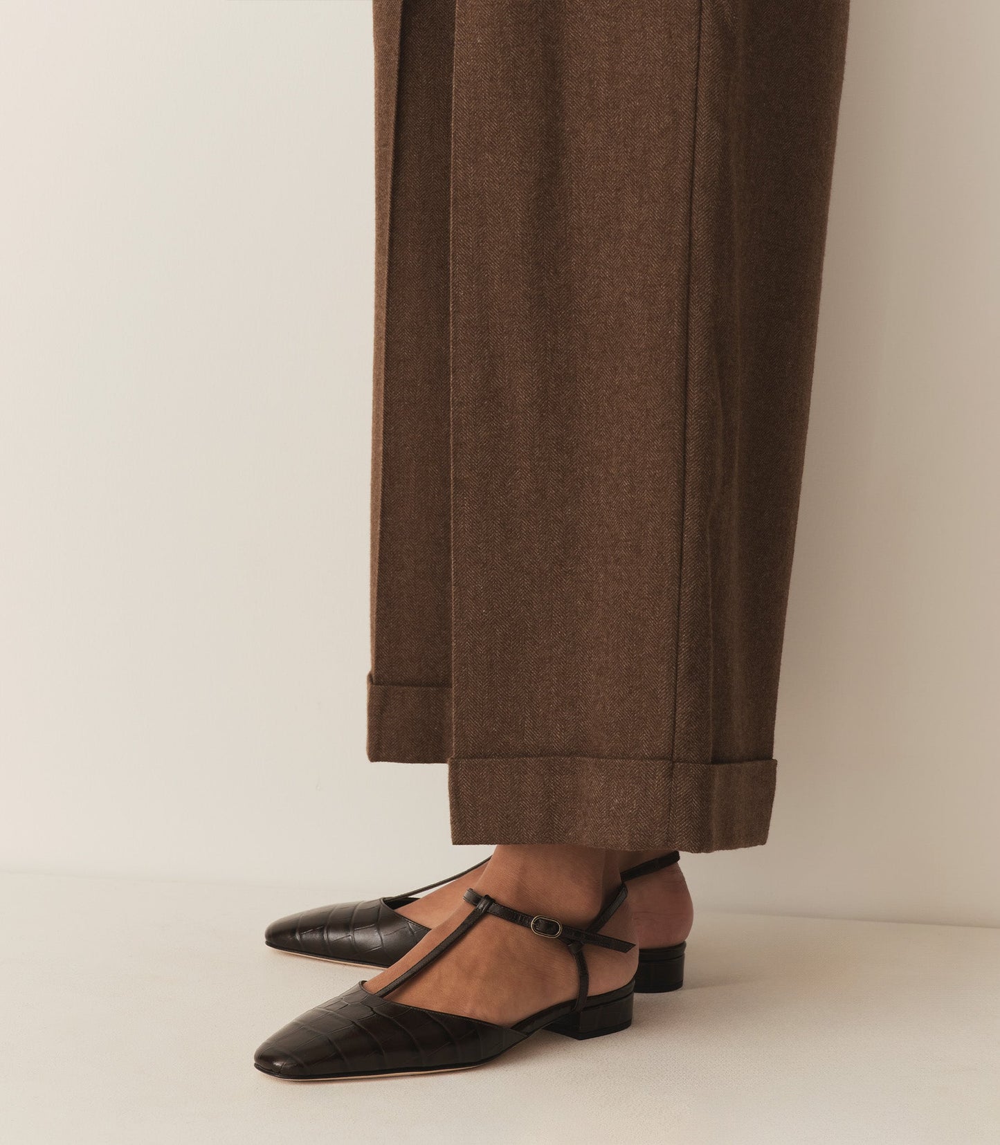 DÔEN Women Cristina T-Strap Flat - Brown Faux Croc