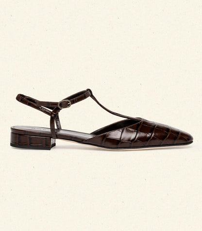 DÔEN Women Cristina T-Strap Flat - Brown Faux Croc