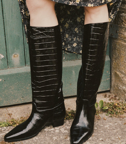 DÔEN Women Riviera Boot - Black Faux Croc