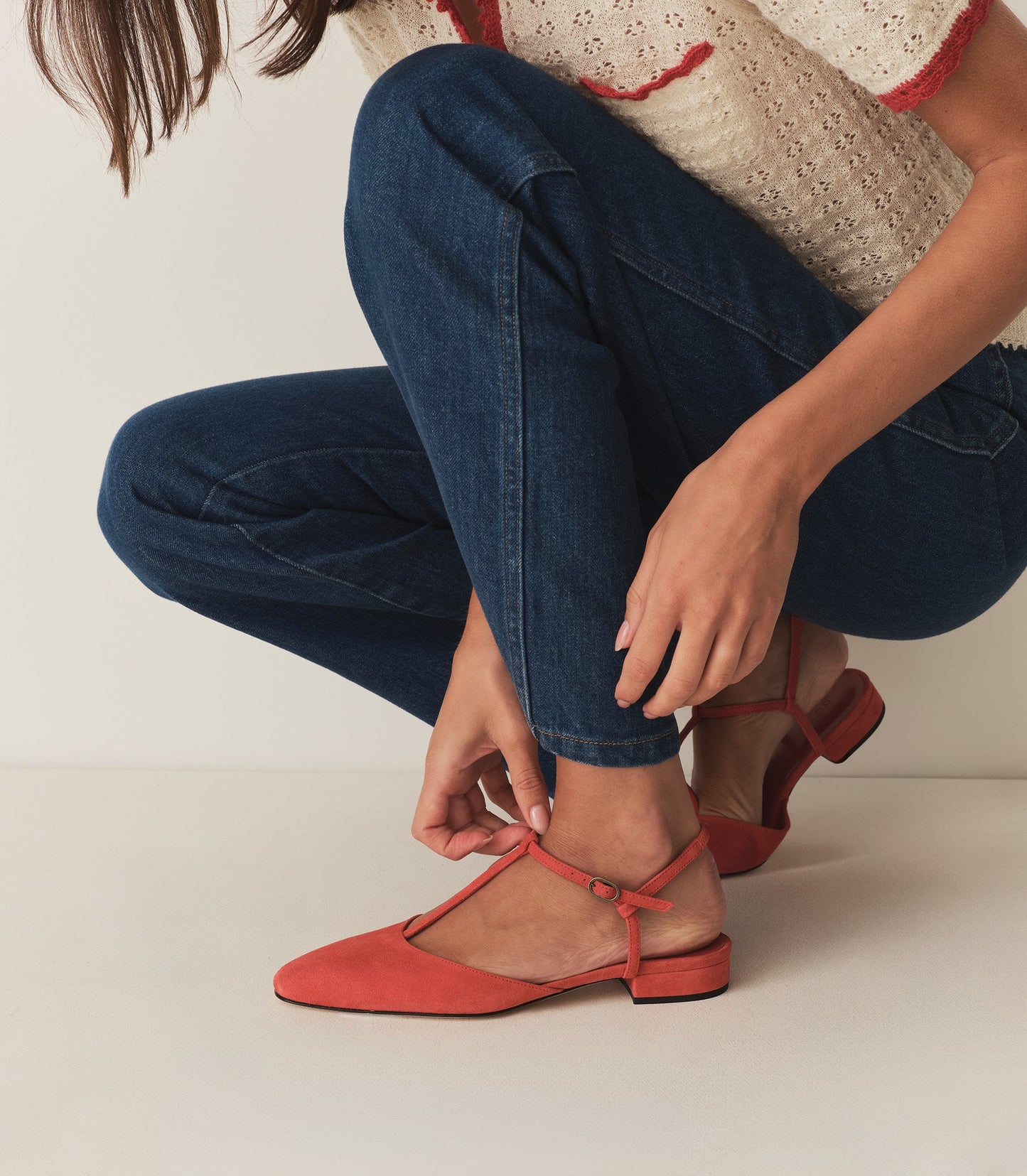 DÔEN Women Cristina T-Strap Flat - Fuego Suede