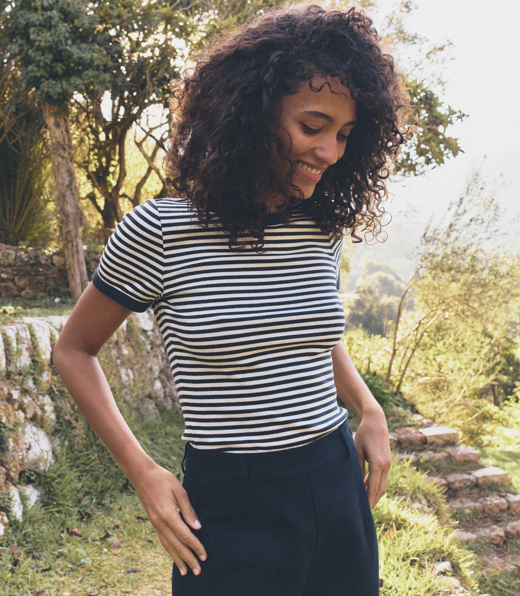 DÔEN Women Vivi Tee - Navy Nantucket Stripe
