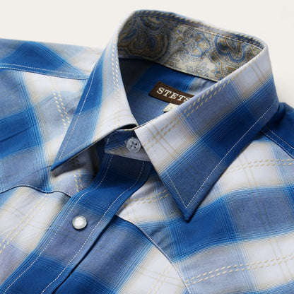 Stetson Navy Gold Ombre Plaid Western Shirt