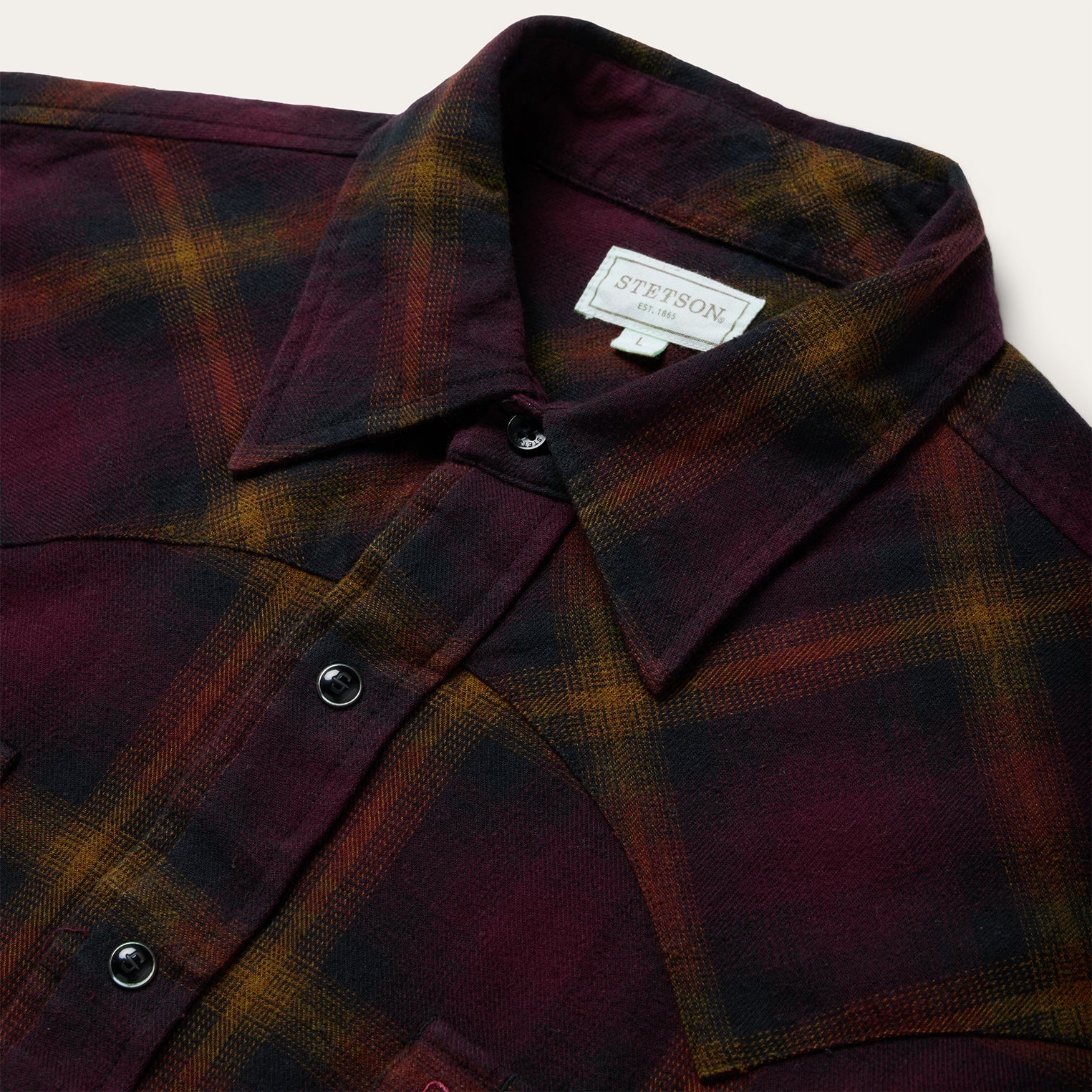 Stetson Black Wine Plaid Flannel Western Shirt