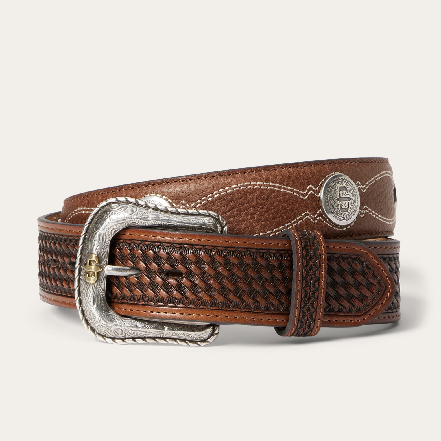 Stetson Pebble Leather Basket Weave Tabs Belt