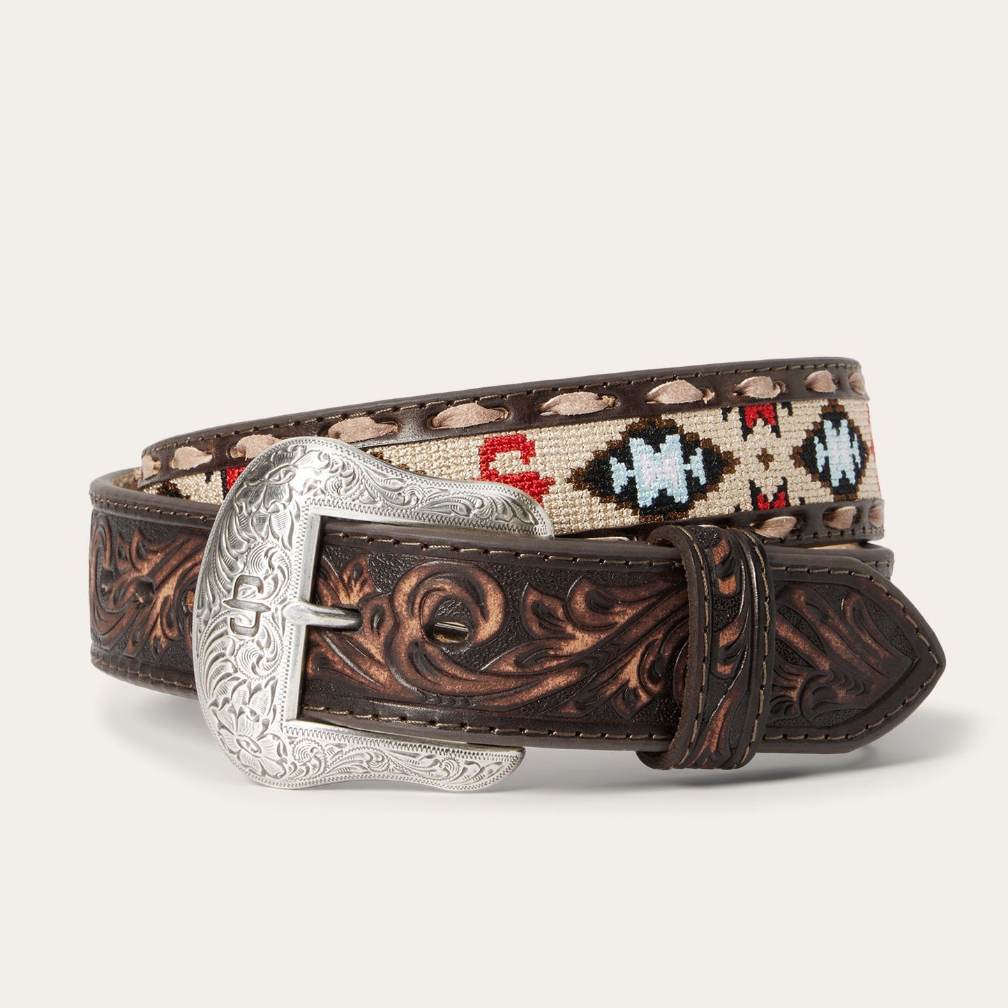 Stetson Embroidered Tooled Tab Belt