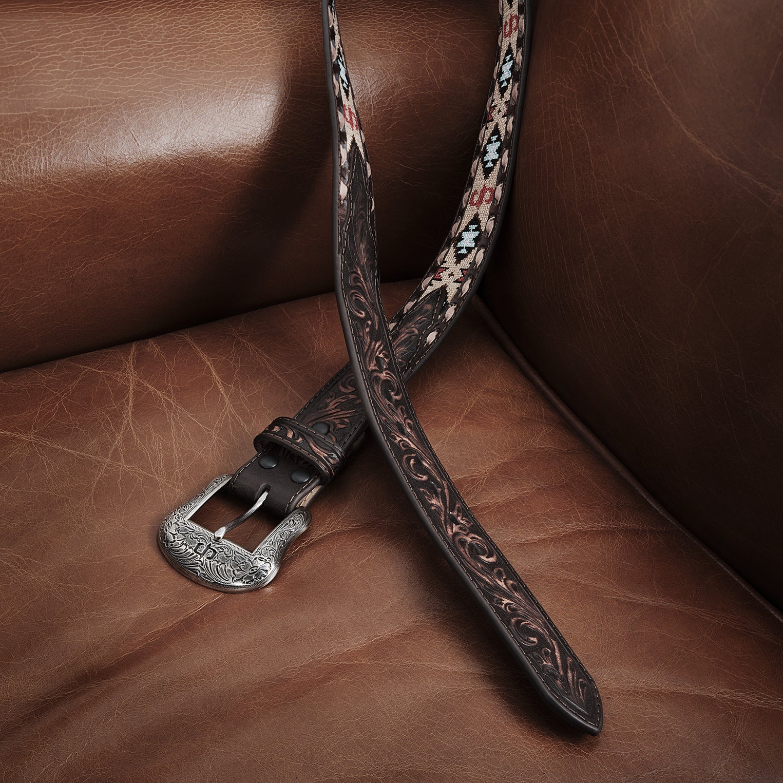 Stetson Embroidered Tooled Tab Belt